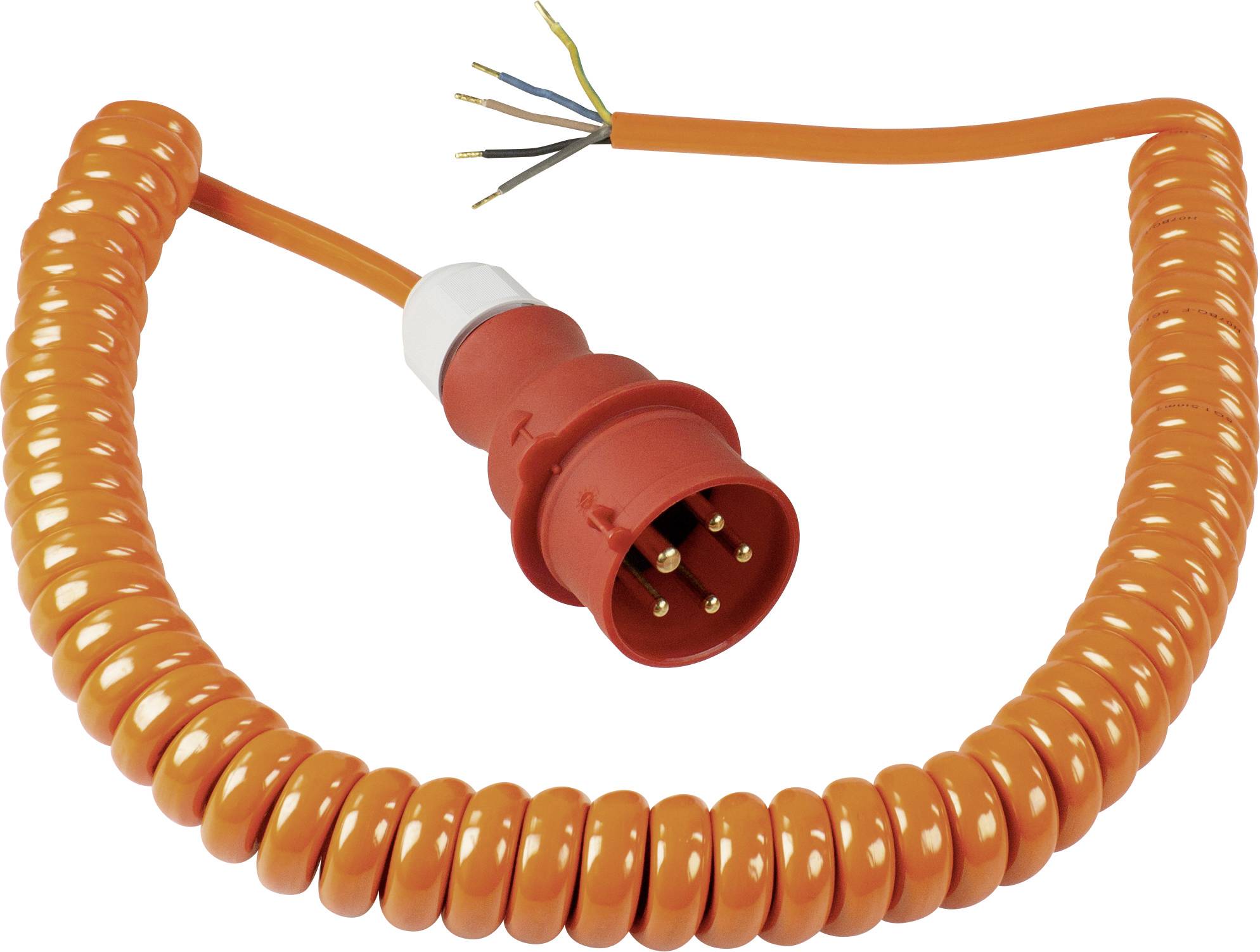 Ein orangefarbenes, spiraliges Kabel mit einem roten Steckverbinder und offenen Drähten am Ende.