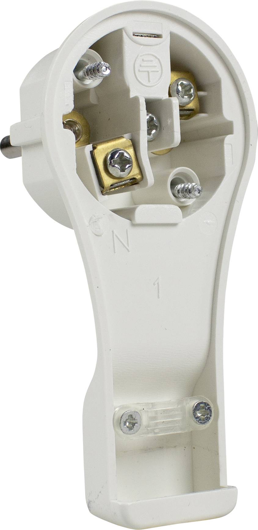 Innenansicht eines weißen Lampensockels mit sichtbaren Schrauben und Metallkontakten zur elektrischen Verbindung.