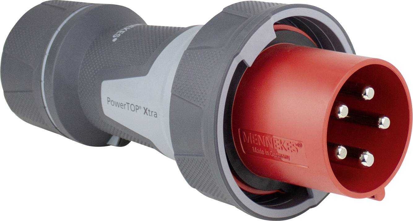 Industrie-Steckverbindung mit rotem Stecker und grauem Gehäuse, beschriftet mit 'PowerTOP Xtra' und 'Mennekes' für Stromversorgung.