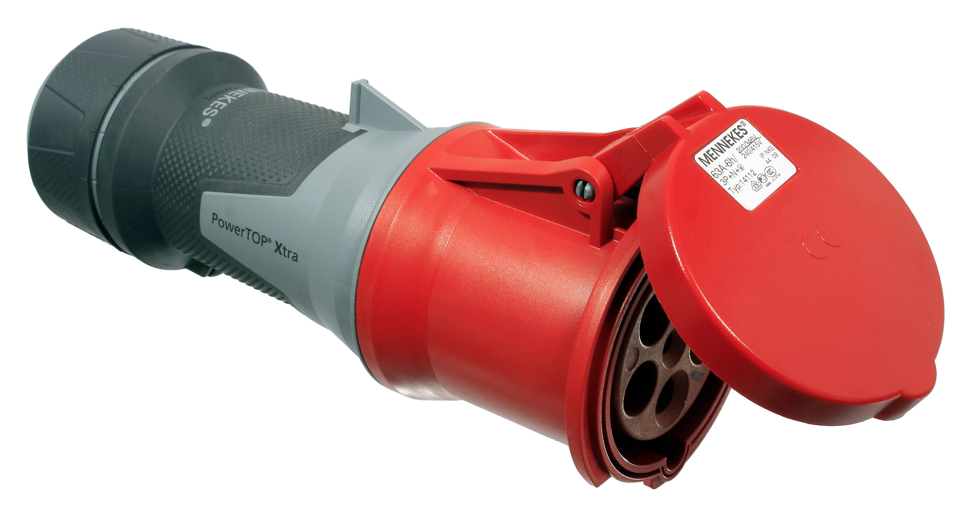 Industrie-Steckdose in Rot und Grau, geeignet für Hochspannungsanwendungen. Sie verfügt über einen klappbaren Schutzdeckel.