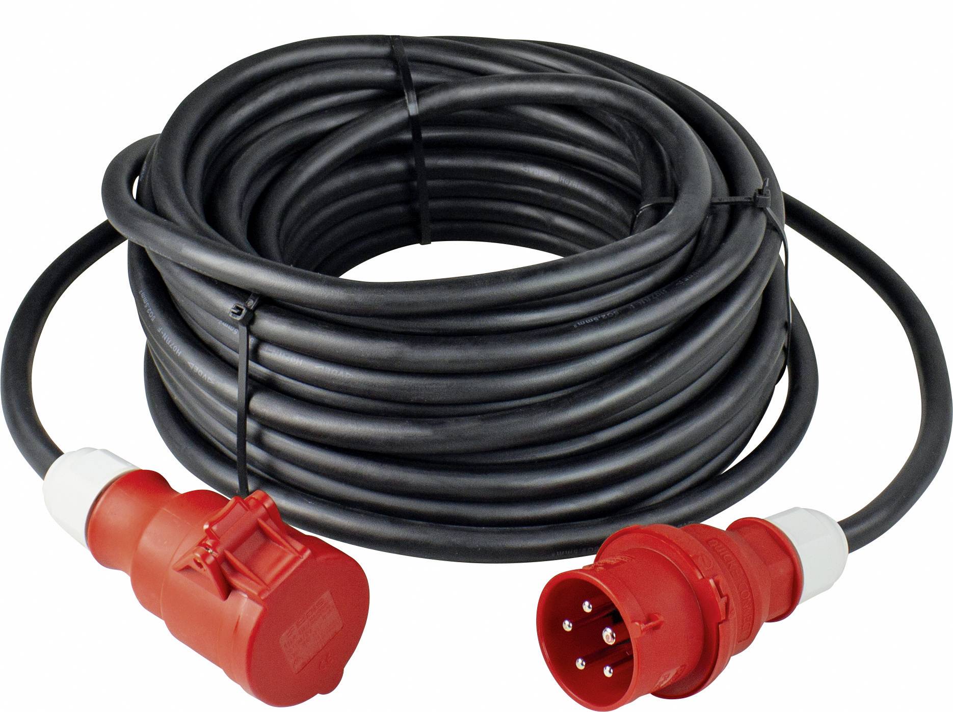 Eine lange, aufgerollte Stromverlängerungsleitung mit roten CEE-Steckern für industrielle Anwendungen.