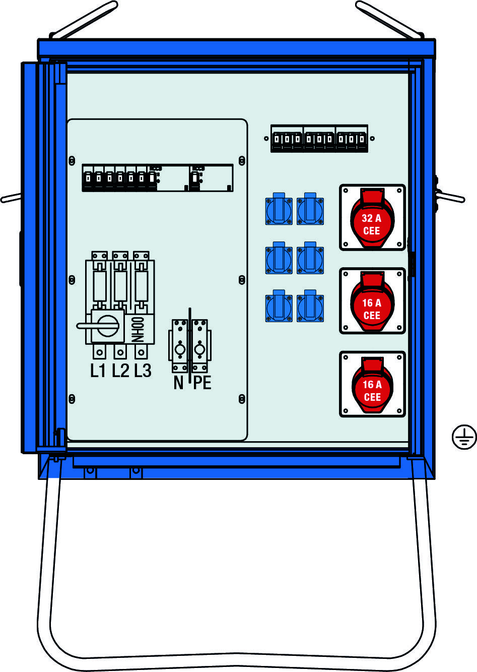Mobiler Stromverteilerkasten mit vier blauen Steckdosen und drei roten CEE-Steckdosen für 16A und 32A.