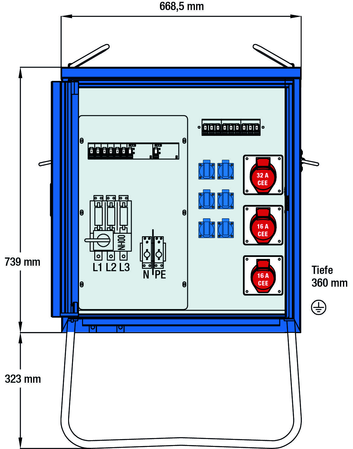 Elektrische Schalttafel mit Abmessungen 668,5 mm x 739 mm x 360 mm. Enthält Leistungsschalter, Steckdosen und Spannungsanzeige.
