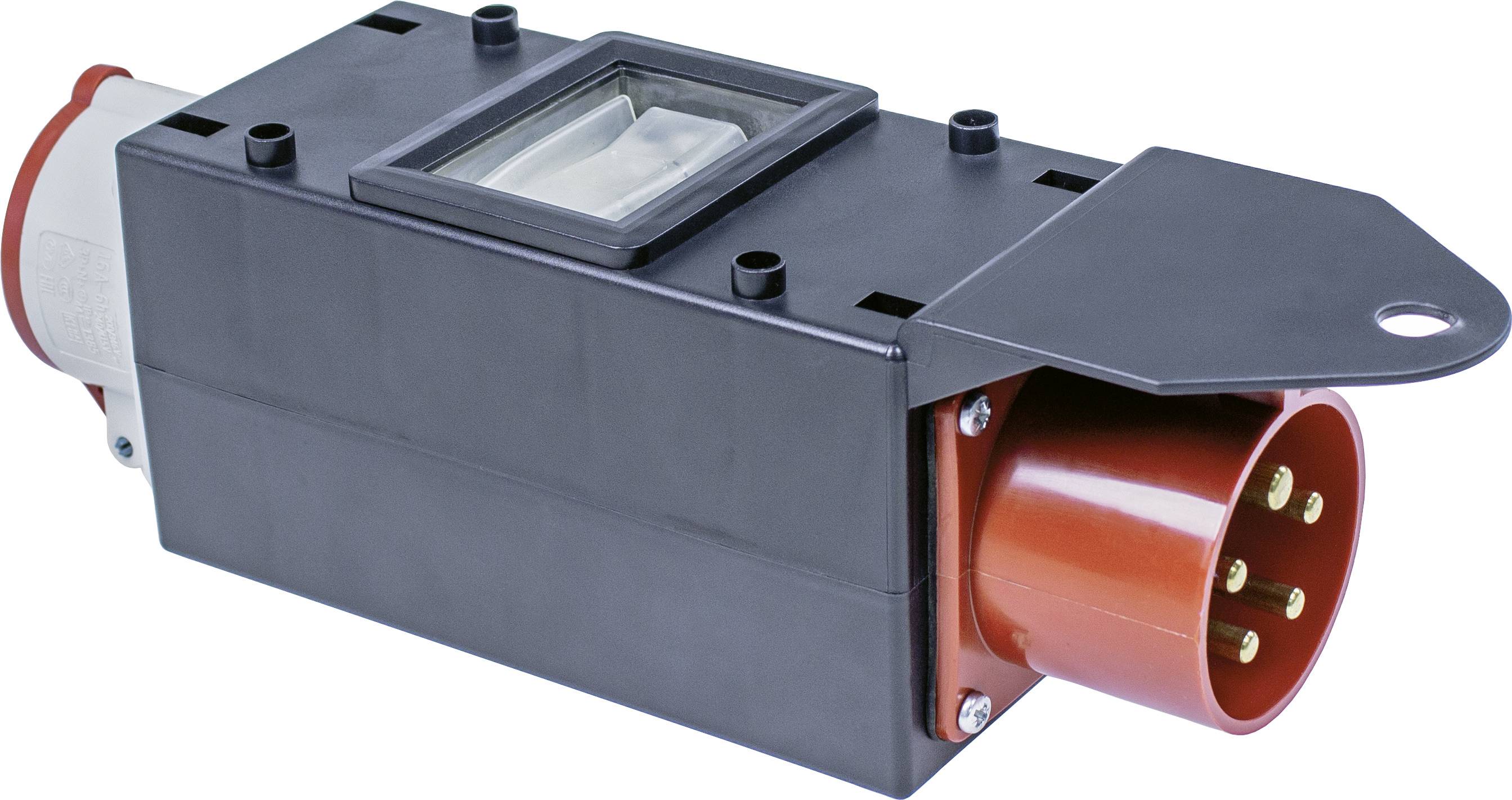 Ein roter, fünfpinniger Industriesteckeradapter mit schwarzem Kunststoffgehäuse und integriertem Tragegriff.