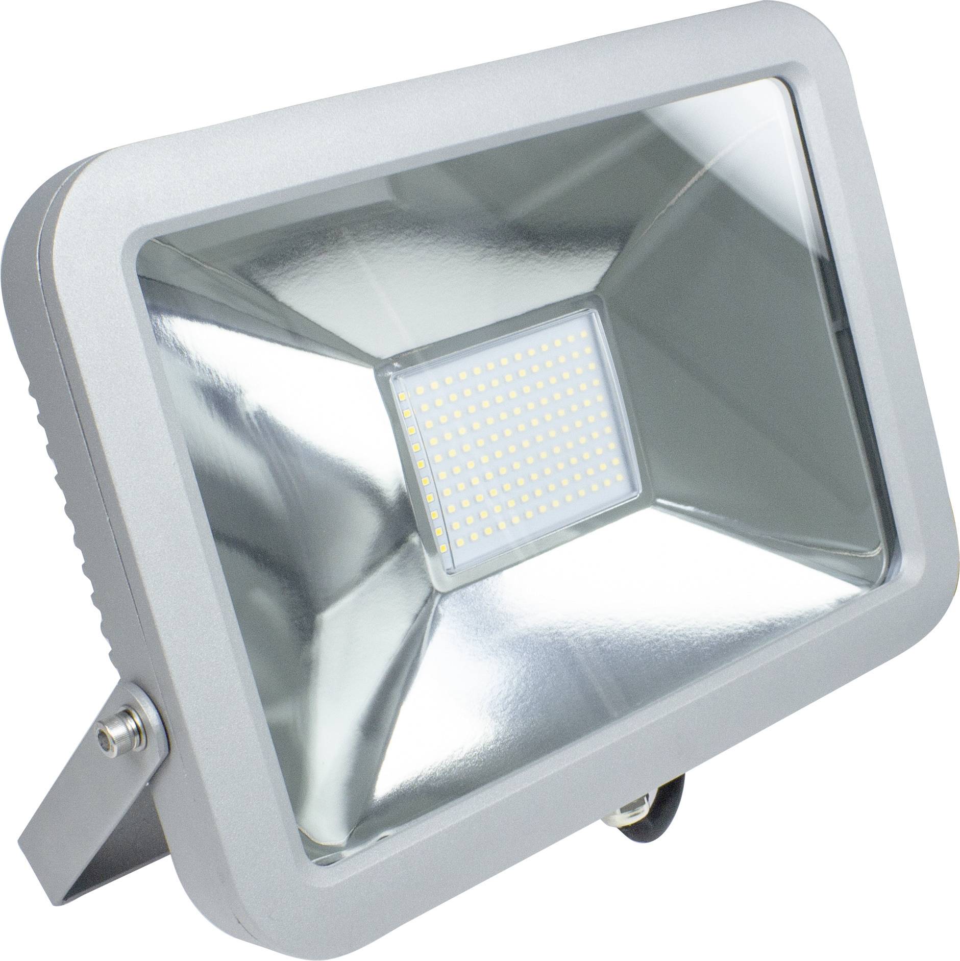 Ein rechteckiger LED-Strahler mit silbernem Gehäuse, geeignet für Außenbeleuchtung. Er hat eine klare Glasabdeckung und ist zur Wandmontage gedacht.