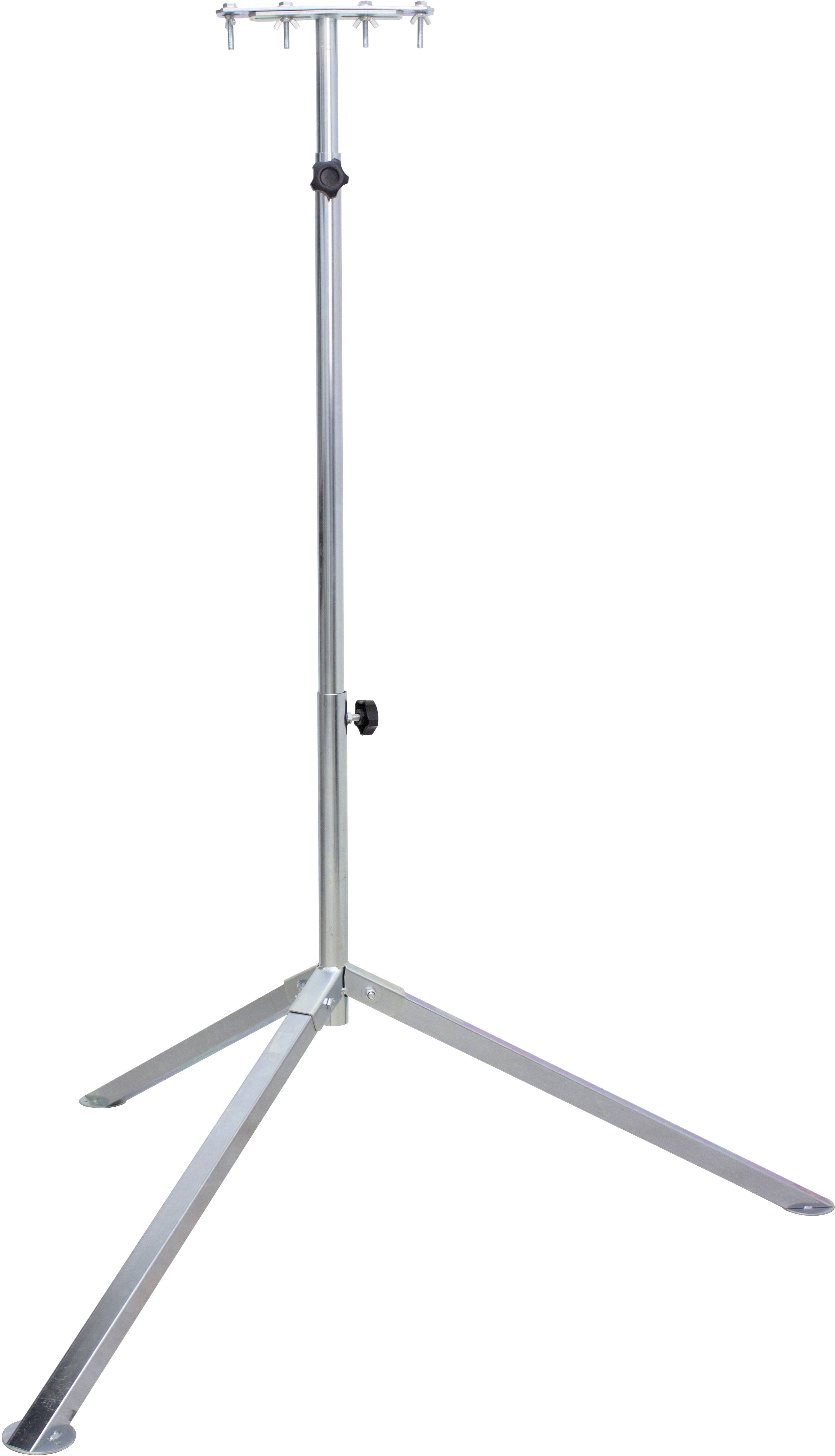 Ein silbernes dreibeiniges Metallstativ mit verstellbarer Höhe und einem oberen Haken.