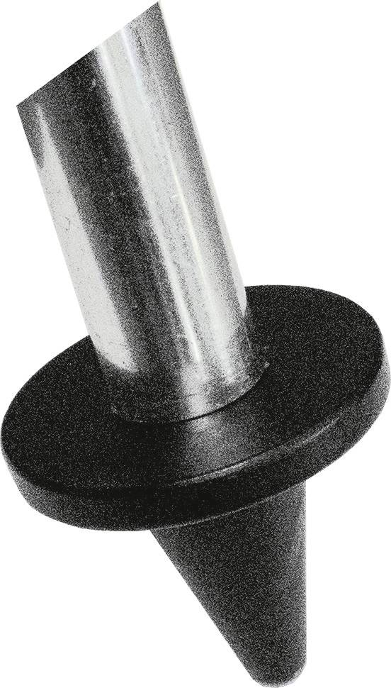 Metallischer, konischer Gegenstand mit schwarzer, scheibenförmiger Basis.