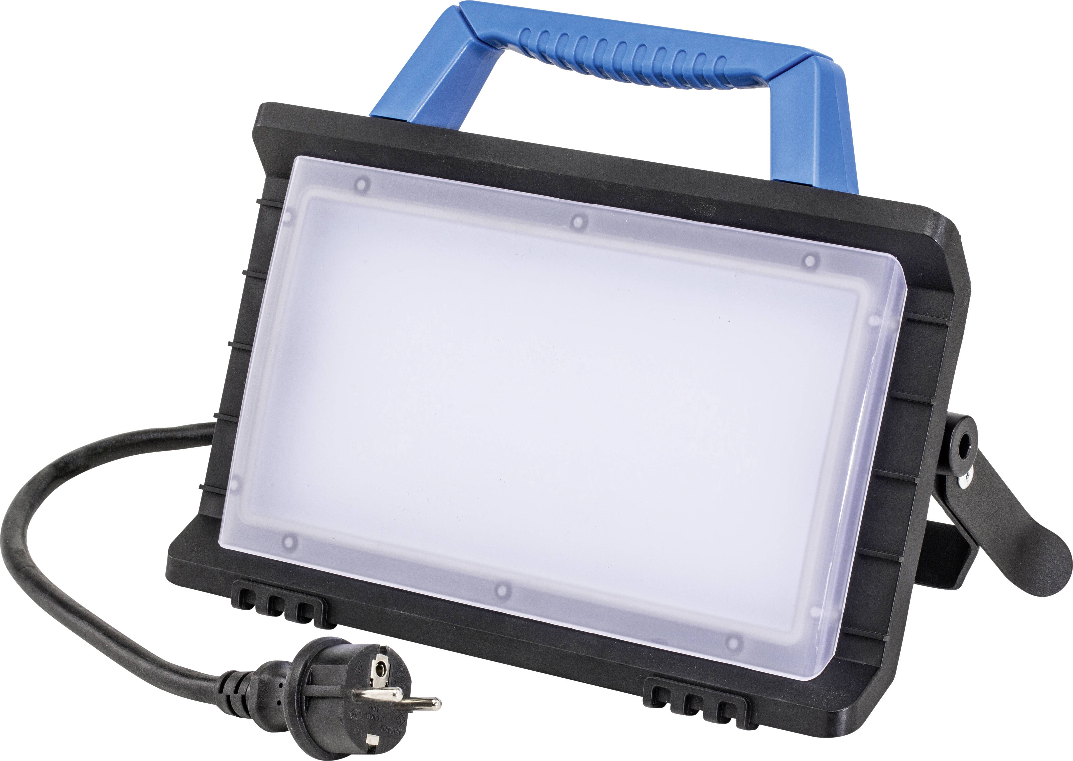 Tragbares LED-Arbeitslicht mit blauem Griff und schwarzem Gehäuse. Ein Stromkabel mit Stecker ist angeschlossen.
