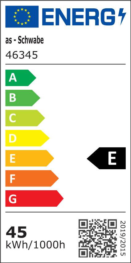 Energieeffizienzlabel zeigt die Einstufung 'E' für ein Produkt von 'as - Schwabe', mit einem Verbrauch von 45 kWh pro 1000 Stunden.