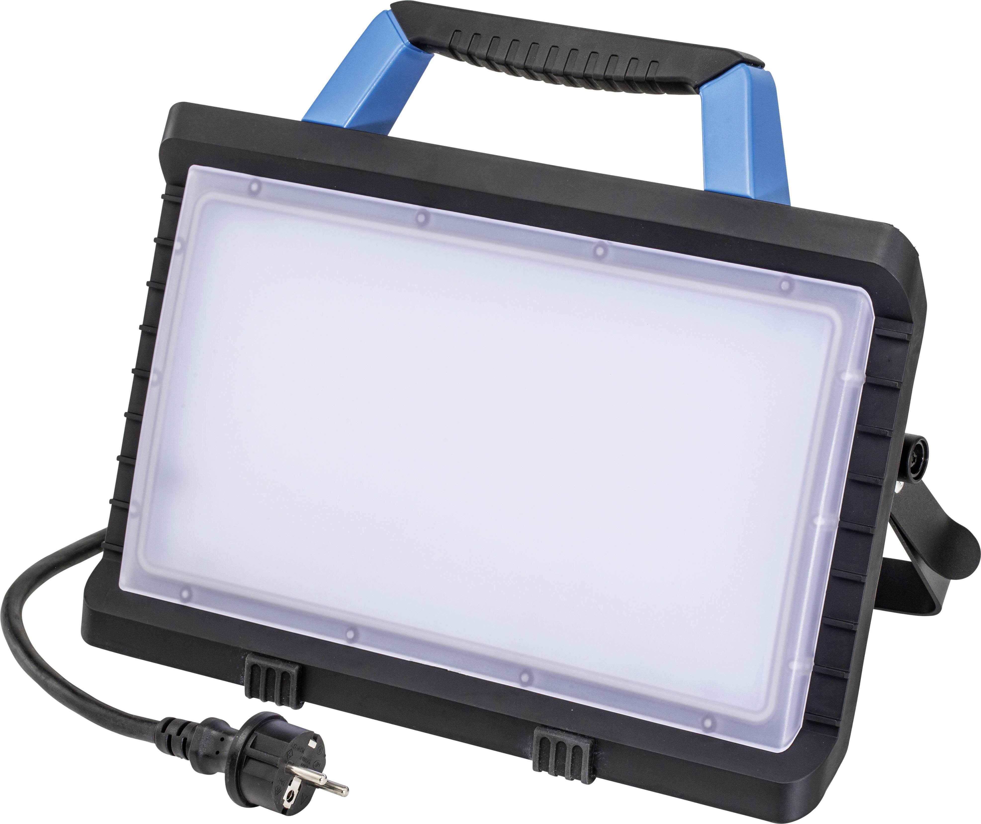Tragbare Arbeitsleuchte mit blauem Griff und Netzstecker, geeignet für verschiedene Beleuchtungsbedürfnisse auf Baustellen oder in Werkstätten.