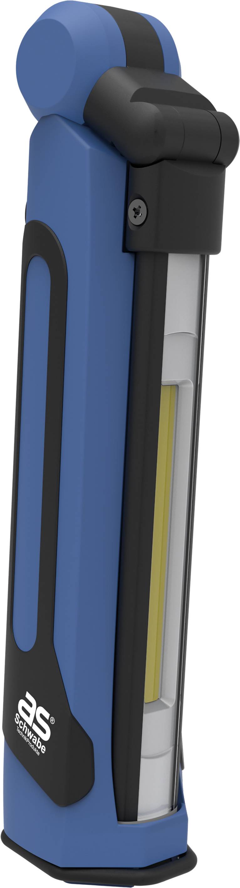 Ein tragbarer, blauer LED-Arbeitsstrahler mit abgerundeten Kanten. Markiert mit 'as - Schwabe'.