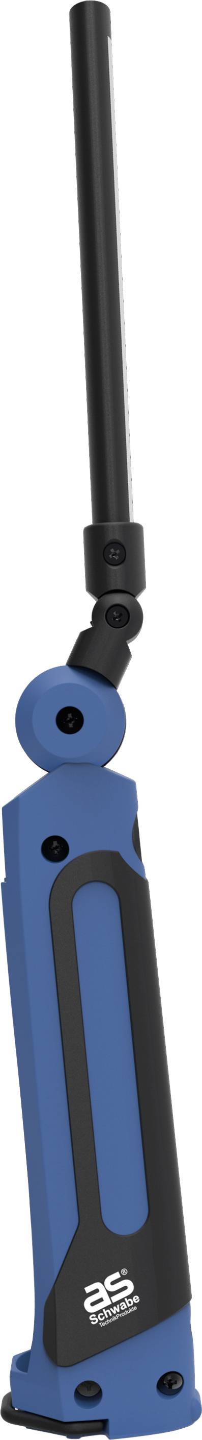 Blauer und schwarzer Klappmessergriff mit langer, schmaler Klinge; mechanisches Design mit Gelenken für Beweglichkeit.