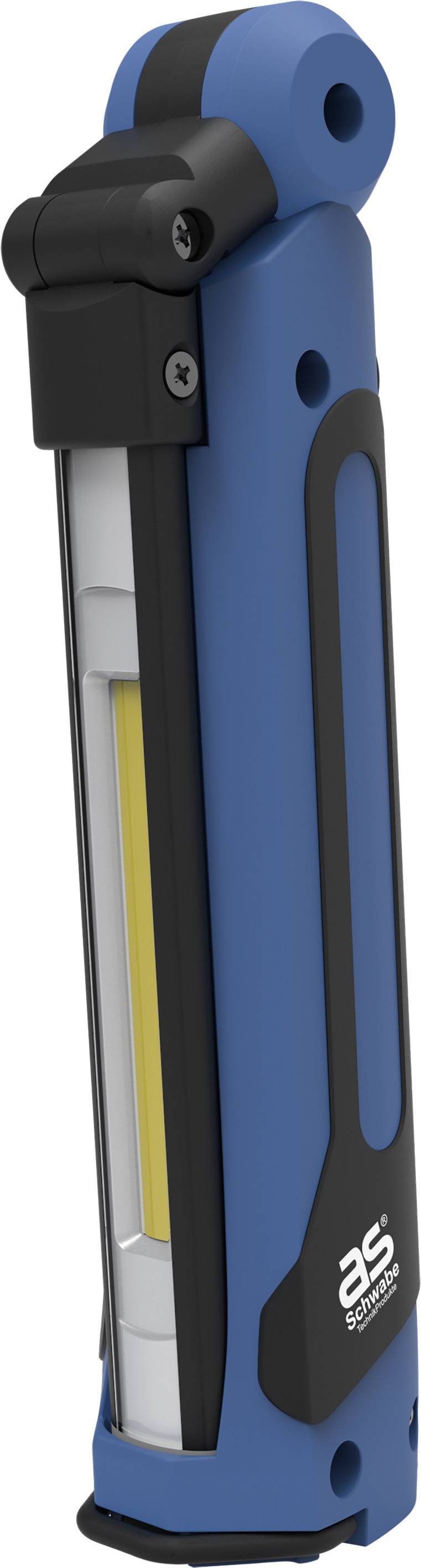 Kompakte blaue LED-Arbeitsleuchte mit klappbarem Gelenk und schwarzem Griff.