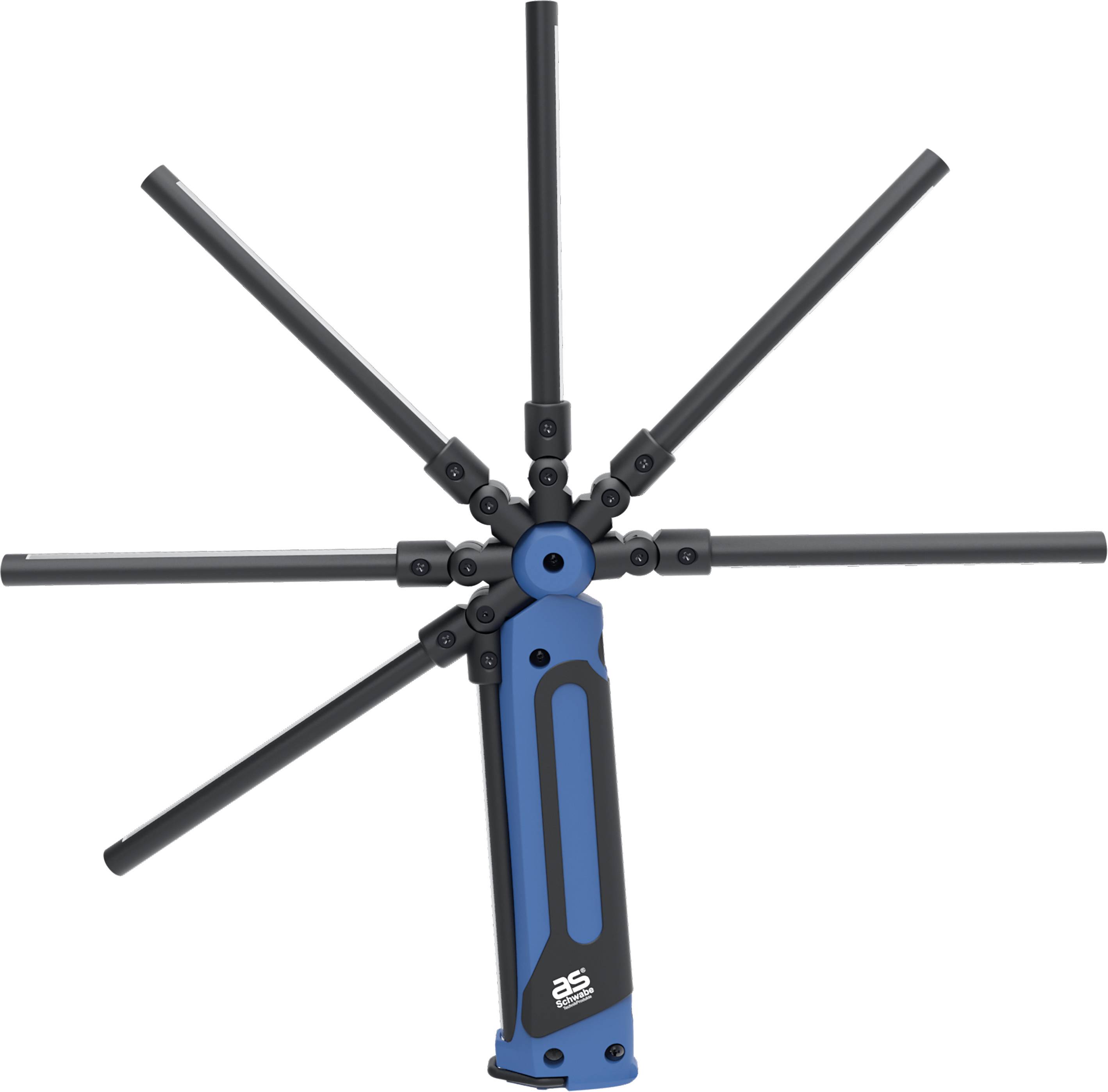 Ein blau-schwarzes multifunktionales Werkzeug mit mehreren ausklappbaren Armen in Fächerform, geeignet für verschiedene Anwendungen.