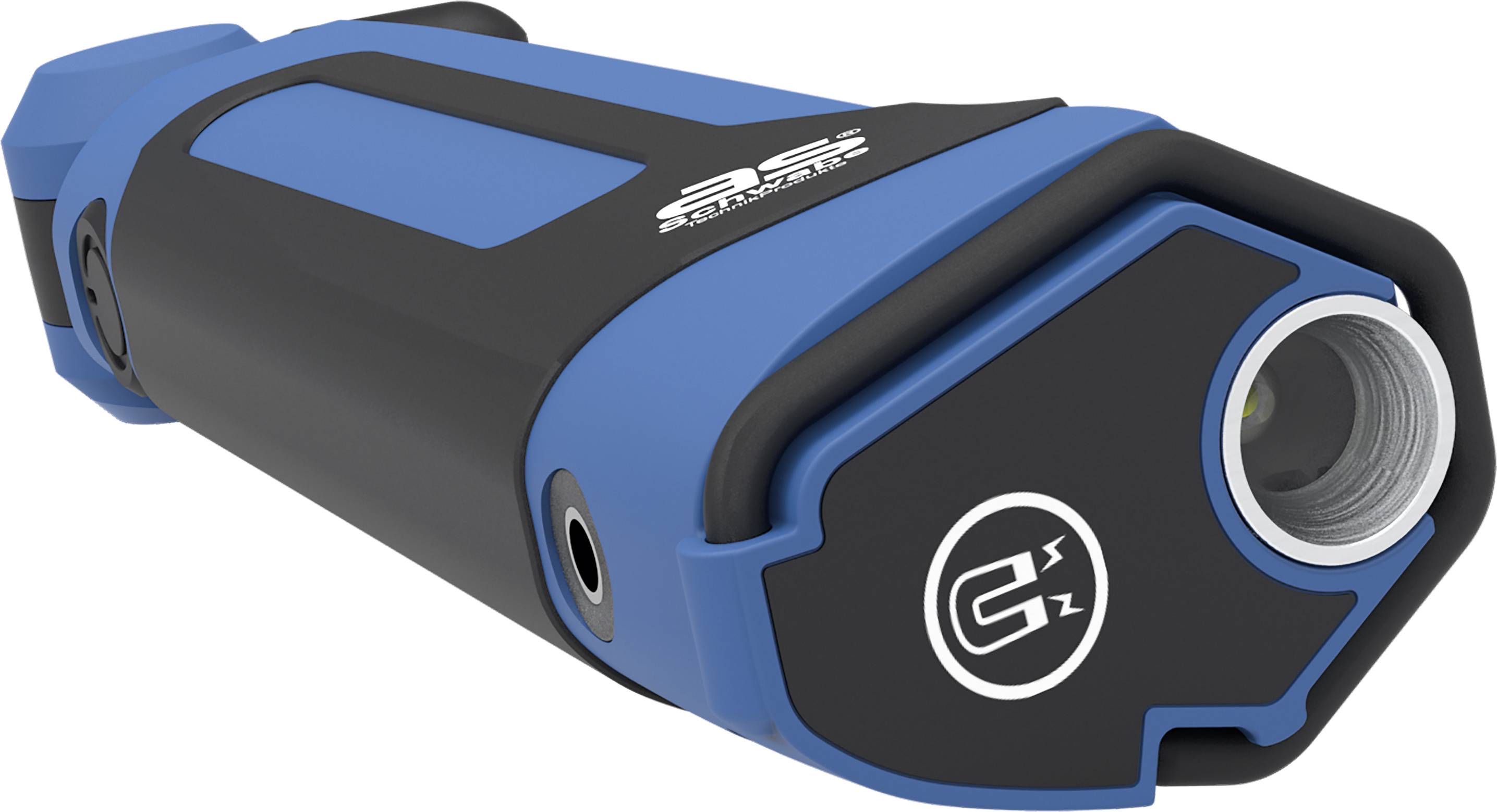 Tragbare, blau-schwarze Notfall-Taschenlampe mit ergonomischem Design und silbernem Logo auf schwarzem Hintergrund an der Vorderseite.