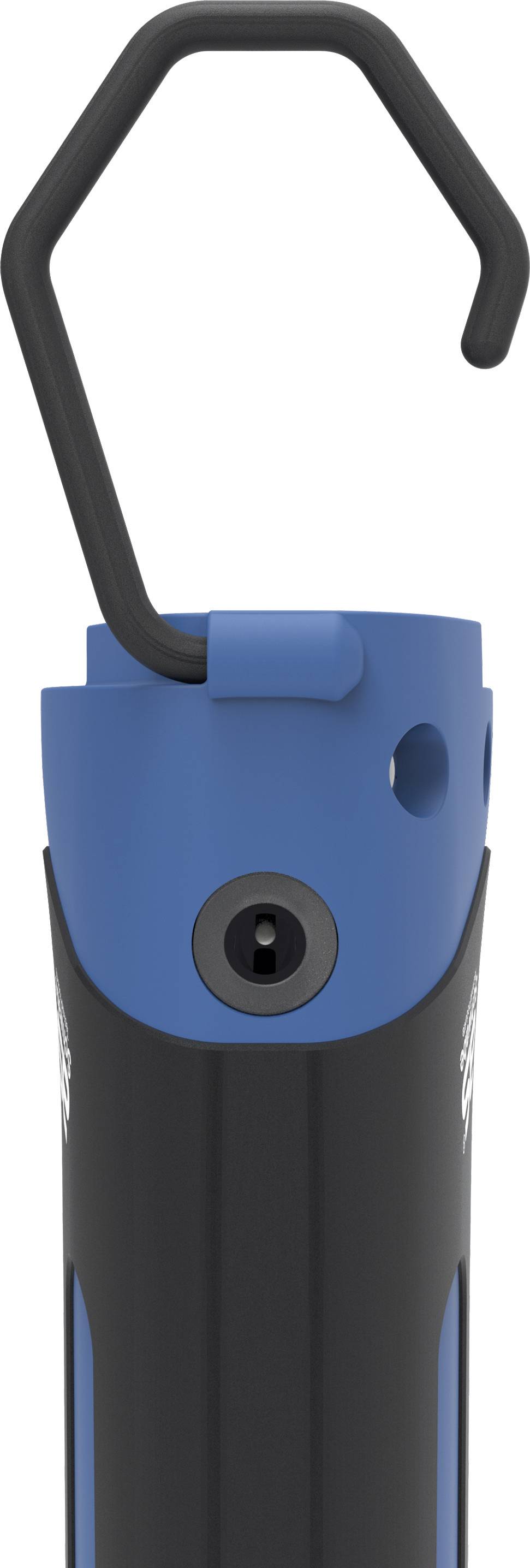 Blauer und schwarzer Haken aus Kunststoff, geeignet zum Aufhängen oder Tragen.