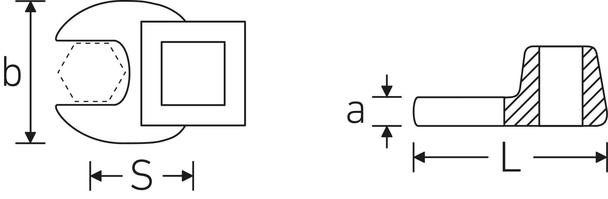 'Klemme' Schematische Darstellung. Links: Draufsicht mit Dimensionen 'S' und 'b'. Rechts: Seitenansicht mit Dimensionen 'a' und 'L'.