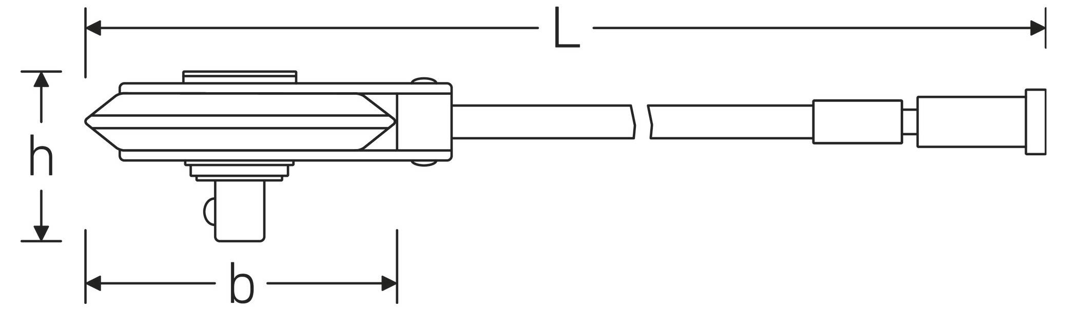 Eine technische Zeichnung eines Linearaktors, beschriftet mit Abmessungen: Länge 'L', Höhe 'h' und Basis 'b', zeigt mechanische Teile.