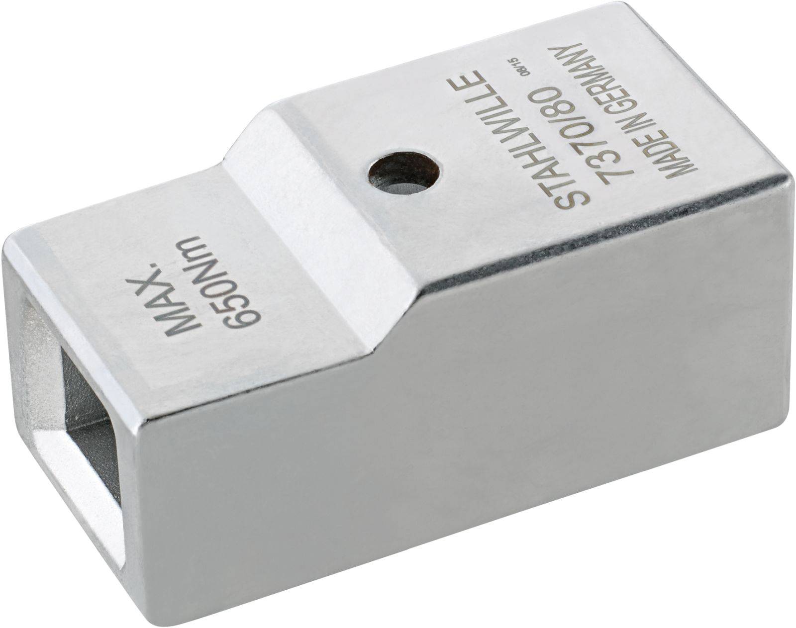 Metalladapter mit Aufschrift 'MAX. 650 Nm', Marke 'STAHLWILLE', Modellnummer '737080', Herstellungshinweis 'MADE IN GERMANY'.