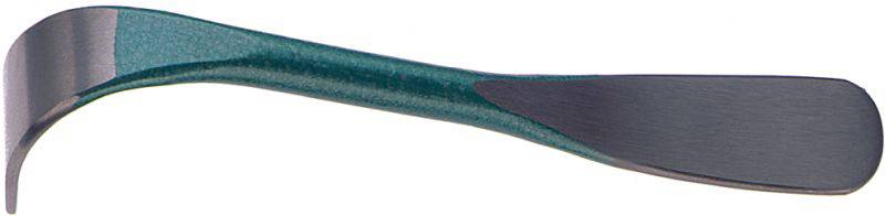 Ein grüner Schuhanzieher aus Metall mit gebogener Form, die zum einfachen Anziehen von Schuhen dient.
