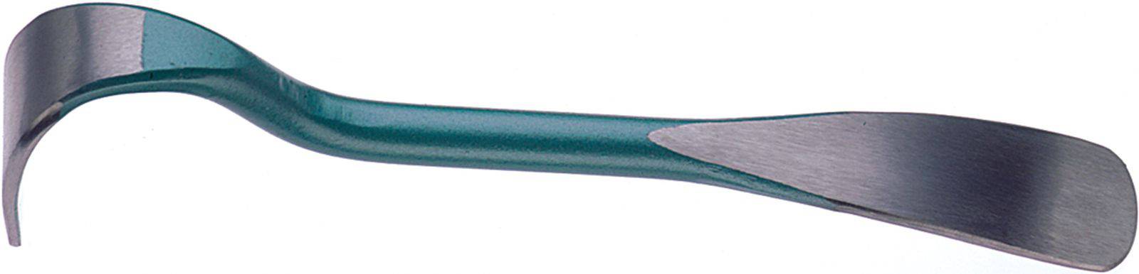 Ein chirurgisches Werkzeug mit gebogenem Haken und flachem Ende, das für Eingriffe verwendet wird, um Gewebe zu halten oder zu manipulieren.