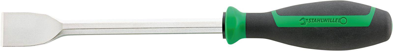 Schraubendreher mit grün-schwarzem Griff und flacher Klinge, geeignet für Schlitzschrauben.