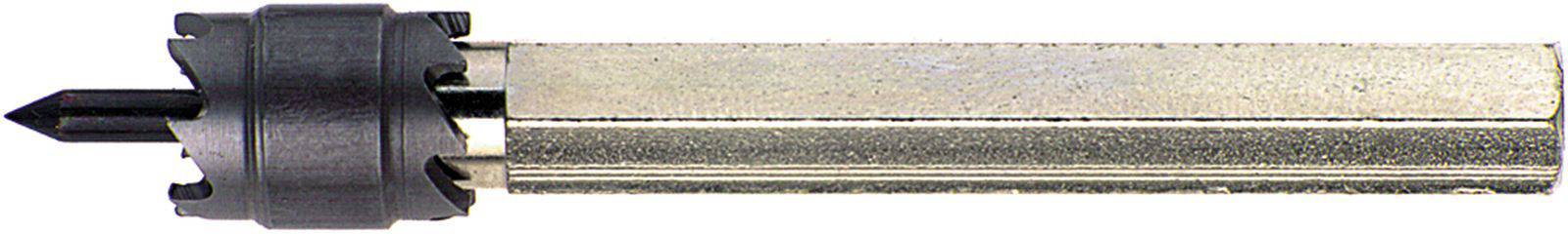 Metallstift und schwarzer Bohraufsatz zum Erstellen runder Löcher, typischerweise in Holz oder Kunststoff verwendet.