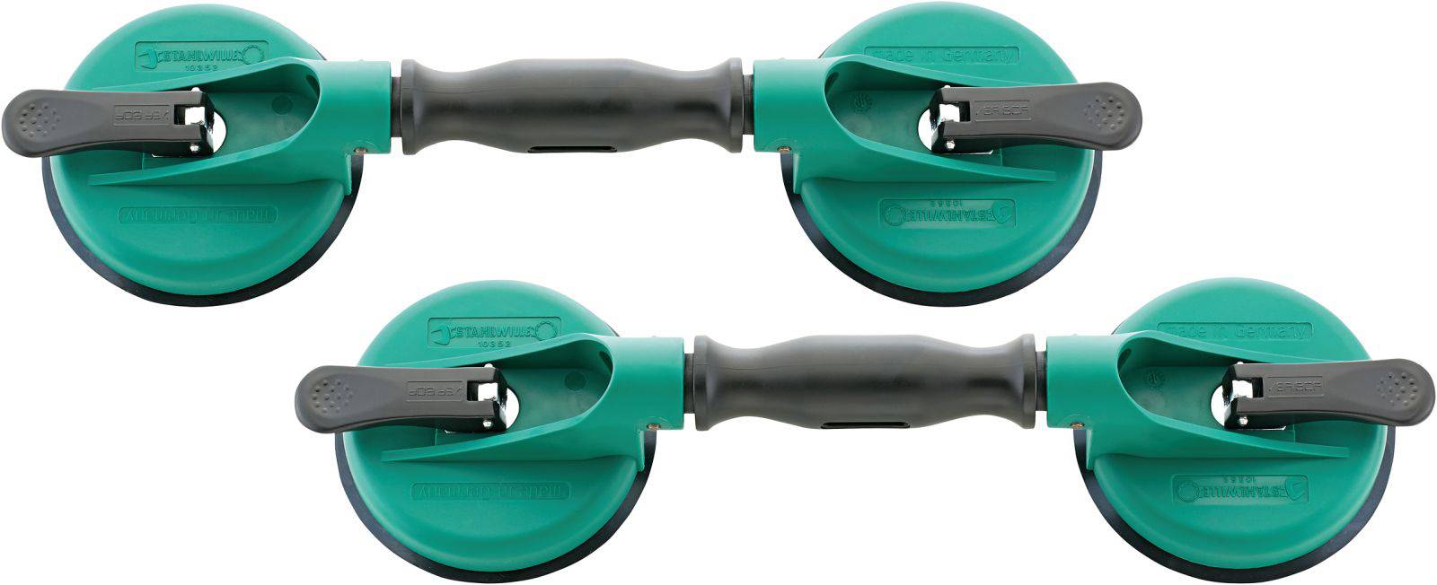 Zwei grüne Saugnäpfe mit Griffen, verbunden durch einen schwarzen Stab, zum sicheren Heben von glatten Oberflächen wie Glas oder Metall.
