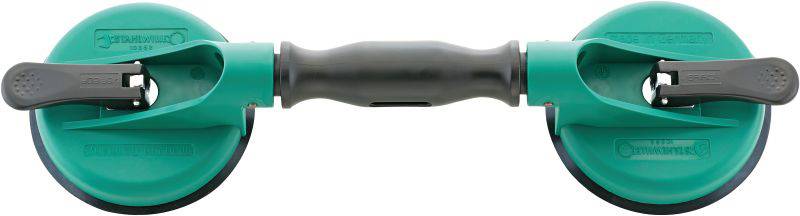 Doppelter Saugheber in Grün mit schwarzem Griff, verwendet zum Heben von Glas- oder glatten Oberflächen.