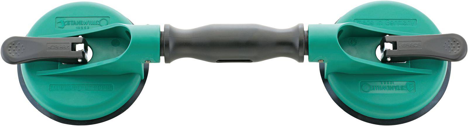 Türkise Vakuum-Saughalter mit zwei Saugnäpfen und schwarzem Griff, verwendet zum sicheren Transport glatter Oberflächen wie Glas oder Metall.