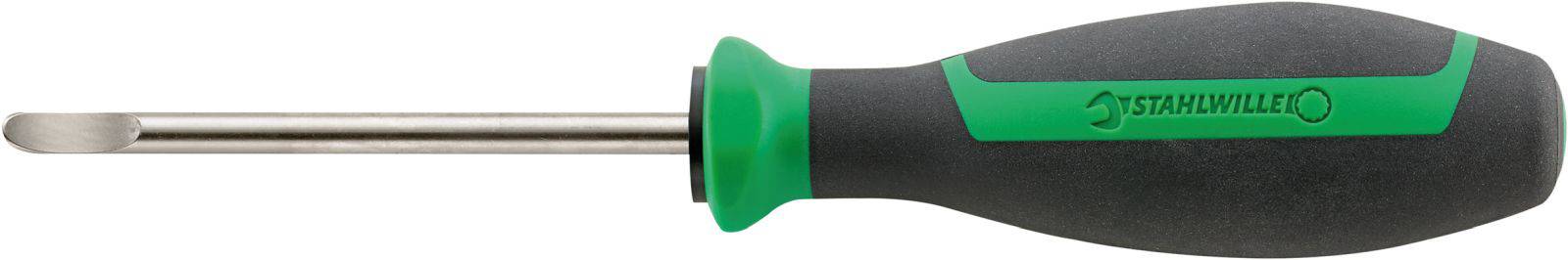 Schraubendreher mit schwarzem Griff und grünem Akzent, geeignet für flache Schrauben. Ideal für Handarbeiten und Reparaturen.