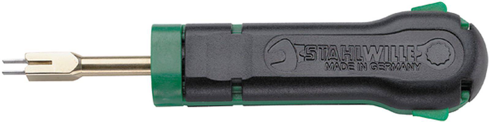 'Schraubendreher mit schwarzem Griff und grünem Akzent, Markenlogo und Aufschrift 
