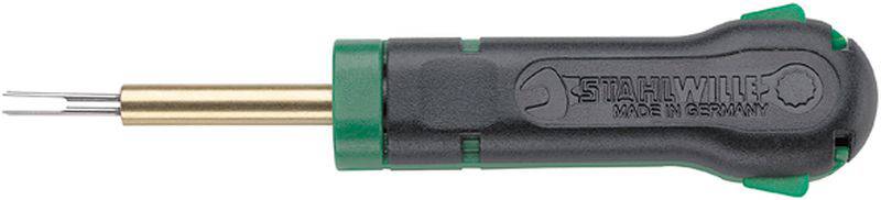 Ein Schraubendreher mit schwarzem Griff und grünen Details liegt auf einer weißen Oberfläche. Text: 'Made in Germany'.