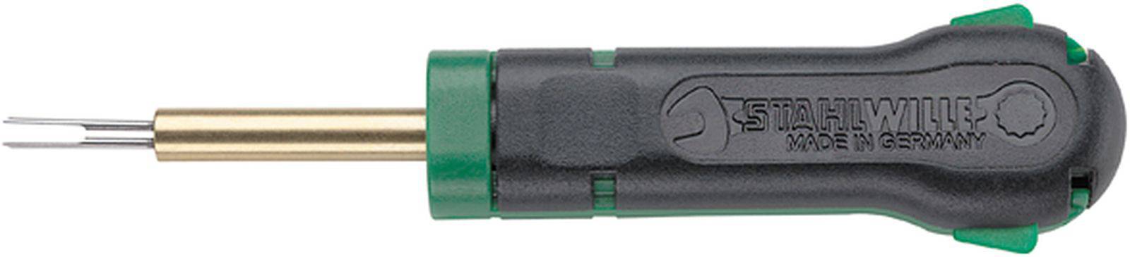 Schwarz-grüner Schraubendreher mit Metallende, Markenaufdruck auf dem Griff.