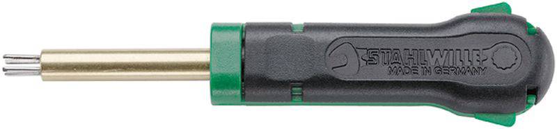 Schraubendreher mit schwarzem Griff und grünem Akzent, Metallspitze, mit Prägung 'STAHLWILLE MADE IN GERMANY'.