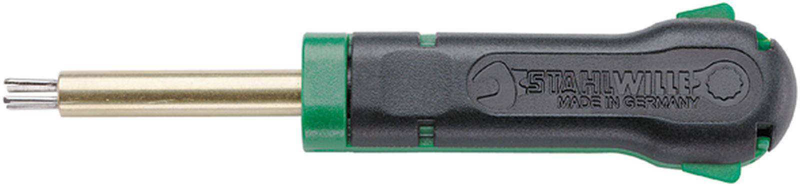 Schraubendreher mit ausziehbarem Bit-Halter, schwarzer Griff mit grünem Detail, Aufschrift 'STAHLWILLE Made in Germany'.