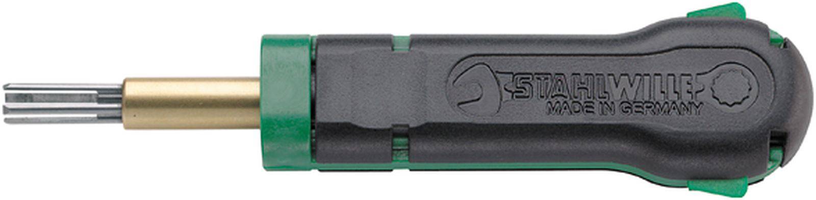 Schraubendreher mit Wechselbit, schwarzer Griff, Beschriftung 'STAHLWILLE MADE IN GERMANY', grün-schwarzes Design, geeignet für Handwerker.