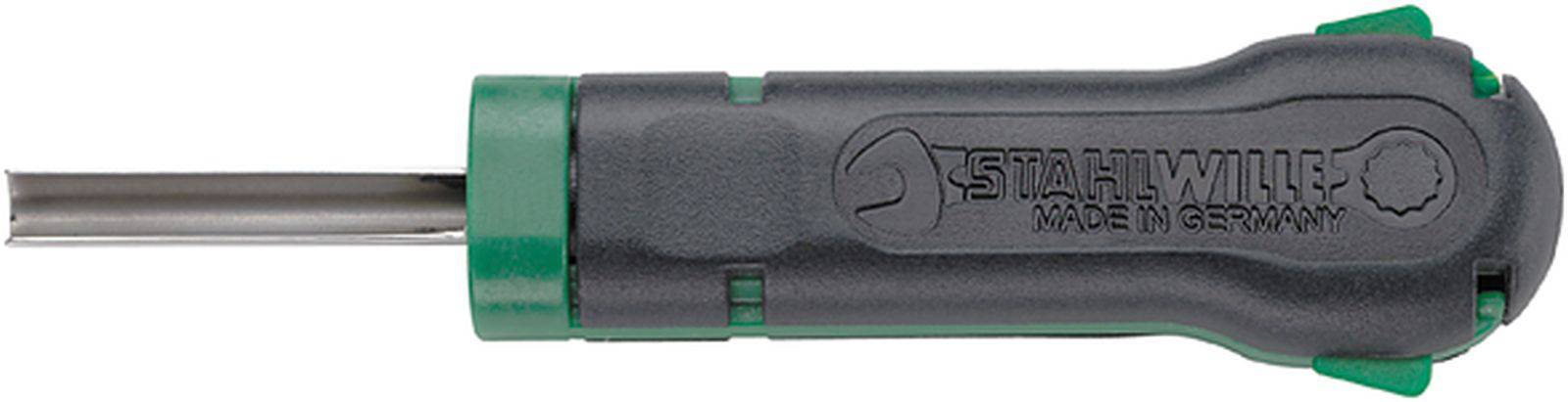 Schraubendreher mit schwarzem Griff und grünem Ende, metallischer Schaft, mit der Aufschrift 'Stahlwille Made in Germany'.