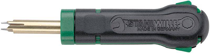 Präzisionswerkzeug von STAHLWILLE, schwarz-grün, mit goldfarbener Spitze, genutzt für genaue Schraubarbeiten, hergestellt in Deutschland.