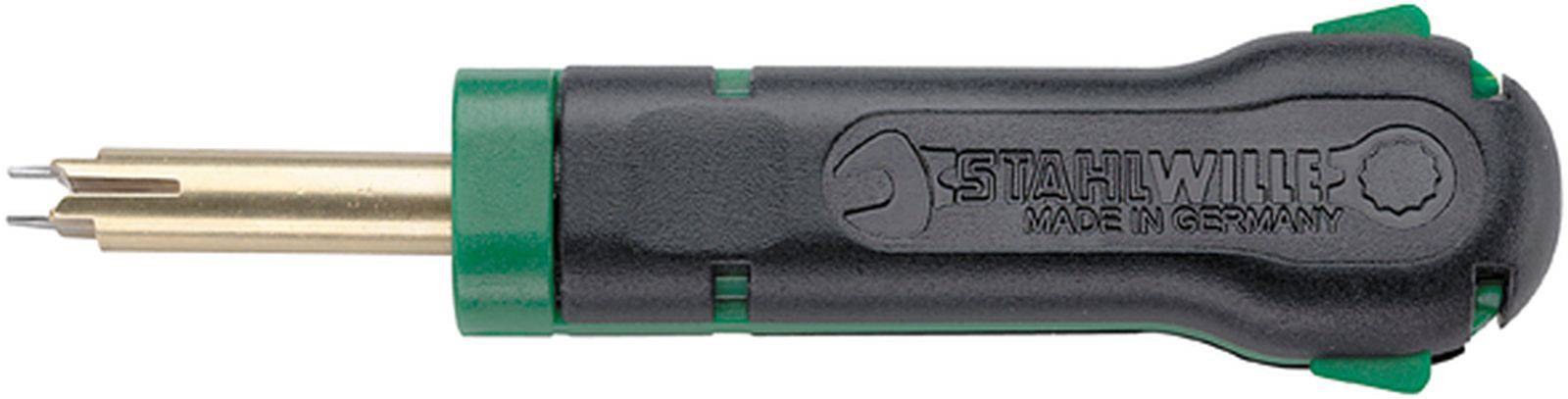 Ein schwarzer und grüner Schraubendreher mit herausdrehbarer Spitze. Auf der Seite steht 'Stahlwille Made in Germany'.