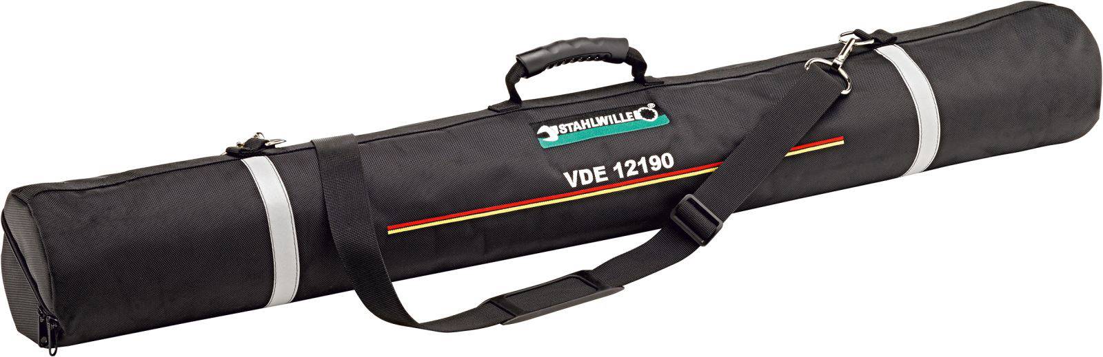 Schwarze Tasche mit Tragegriff und Schulterriemen, bedruckt mit 'VDE 12190'. Geeignet für den Transport von langen, schmalen Gegenständen.