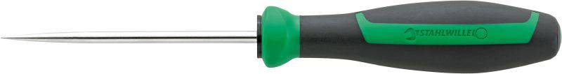 Schraubendreher mit grün-schwarzem Griff und spitzer Metallspitze, geeignet für präzises Arbeiten an kleinen Schrauben.
