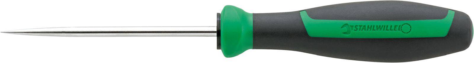 Ein grauer und grüner Schraubenzieher mit ergonomischem Griff und einer schlanken, spitzen Klinge.