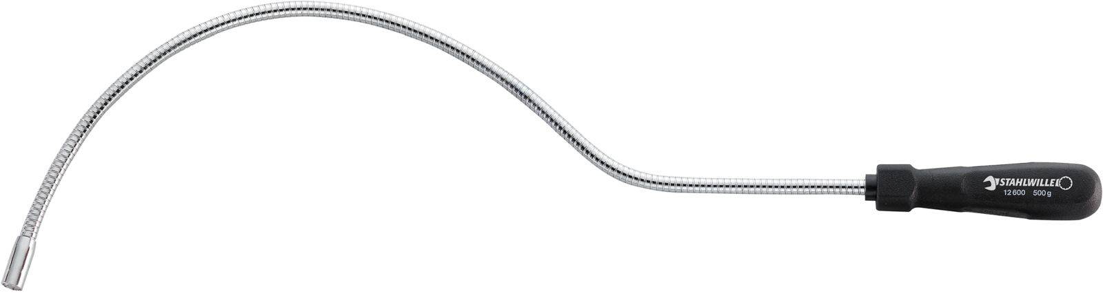 Ein flexibler magnetischer Greifer mit schwarzem Griff, verwendet zum Erreichen und Herausziehen von metallischen Gegenständen an schwer zugänglichen Stellen.