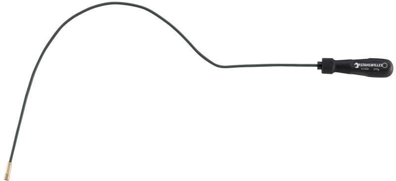 Ein langer, flexibler Schraubendreher mit schwarzem Griff liegt auf einer weißen Fläche.