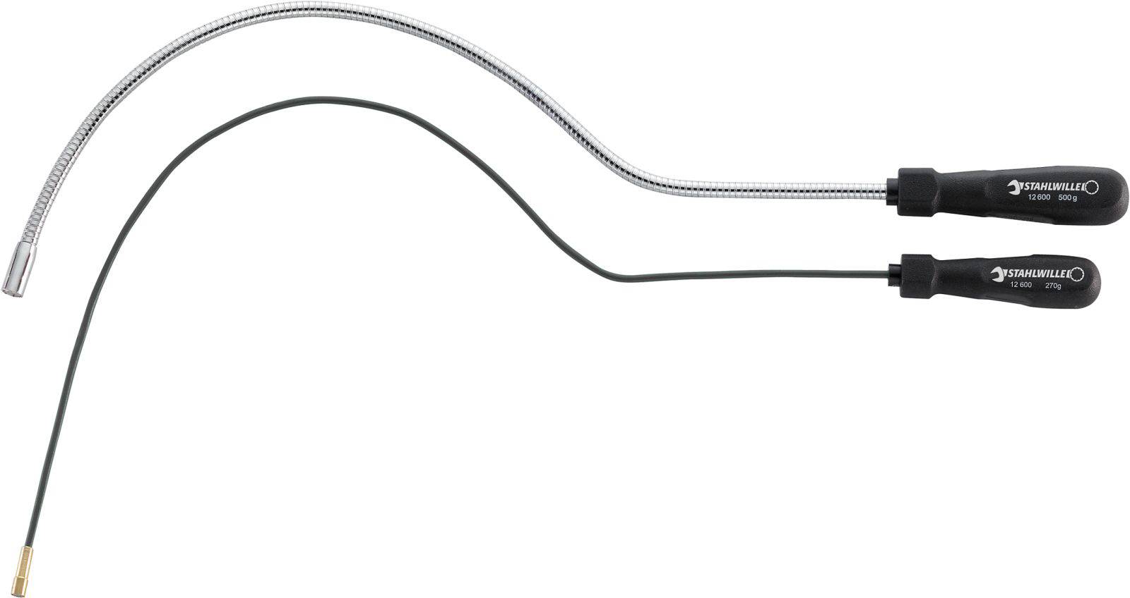 Zwei flexible Greifwerkzeuge mit schwarzen Griffen. Das obere hat einen silbernen, gewellten Schaft, das untere einen glatten, schwarzen Schaft.