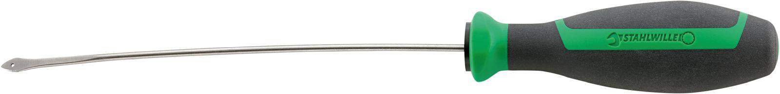 Schraubendreher mit langem, gebogenem Schaft und ergonomischem, schwarz-grünem Griff, geeignet für schwer zugängliche Stellen.