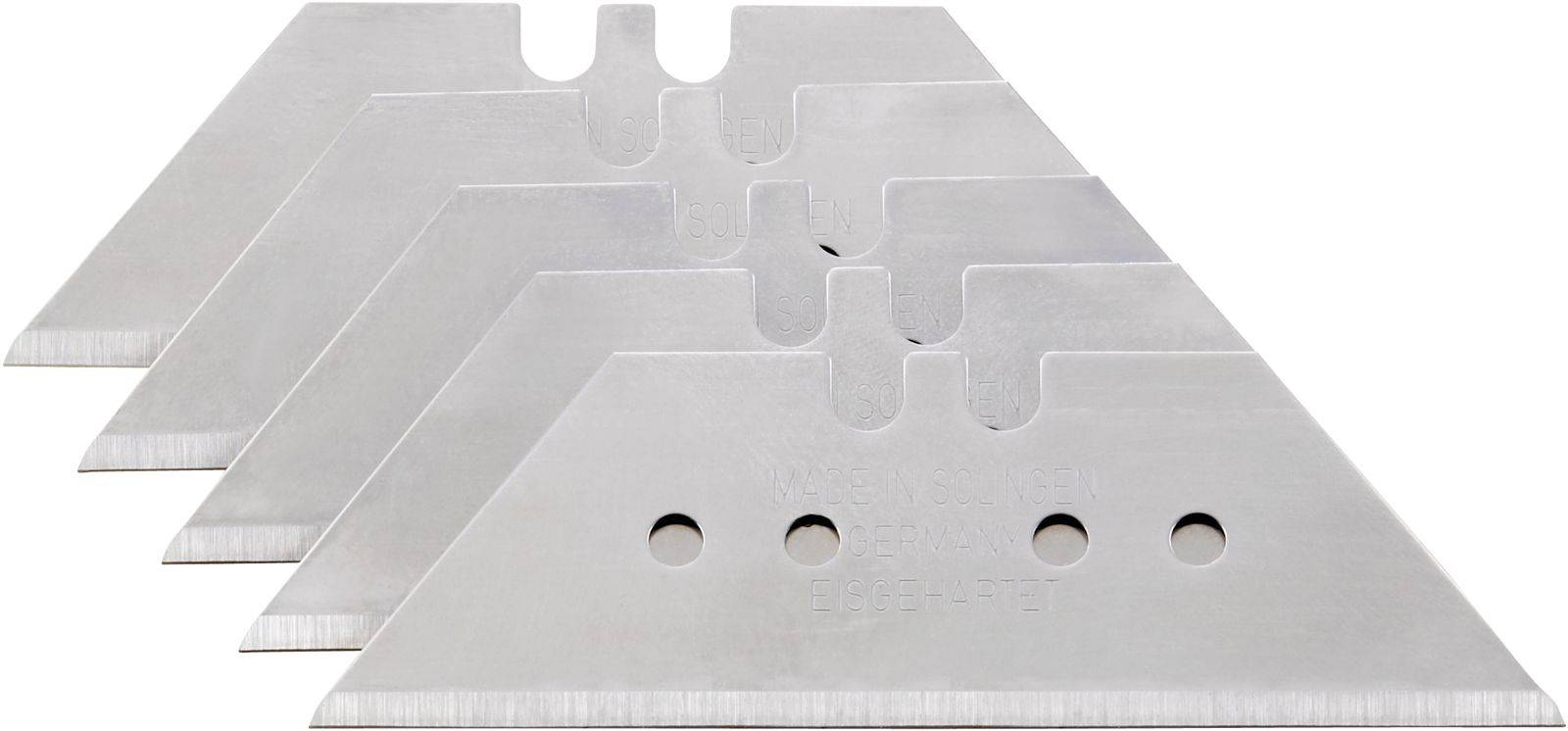 Ersatzklingen für Teppichmesser, vier Stück, silberfarben, nebeneinander angeordnet.