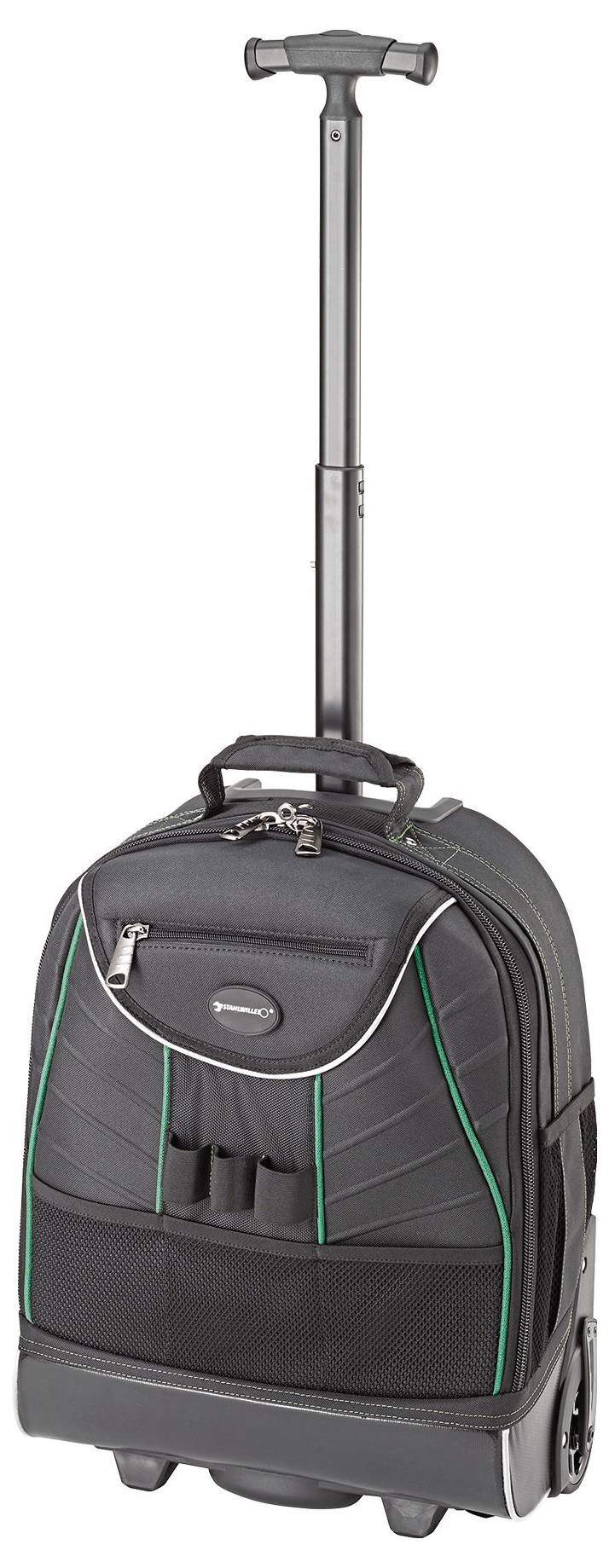 Ein schwarzer Rollkoffer mit grünem Akzentstreifen, ausgestattet mit einem T-förmigen Teleskopgriff, einer vorderen Reißverschlusstasche und Meshbereichen.