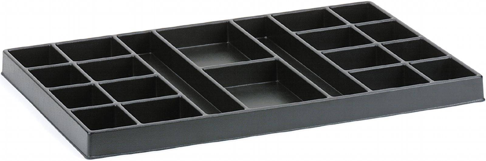 Schwarzes Tablett mit mehreren kleinen quadratischen Fächern, geeignet zur Aufbewahrung von kleinen Gegenständen oder Materialien.
